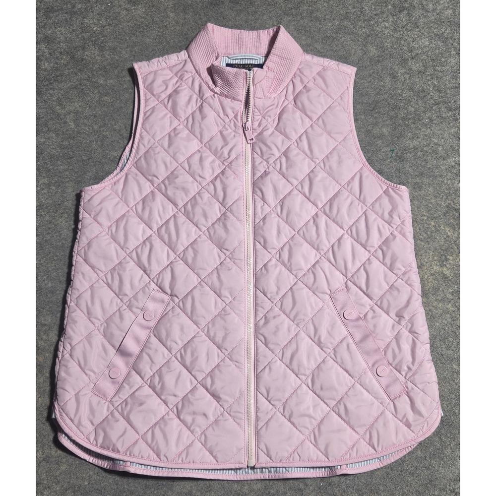 Polo Golf Ralph Lauren Pink Quilted Vest Full Zip Pinstripe Lining Large Puffer